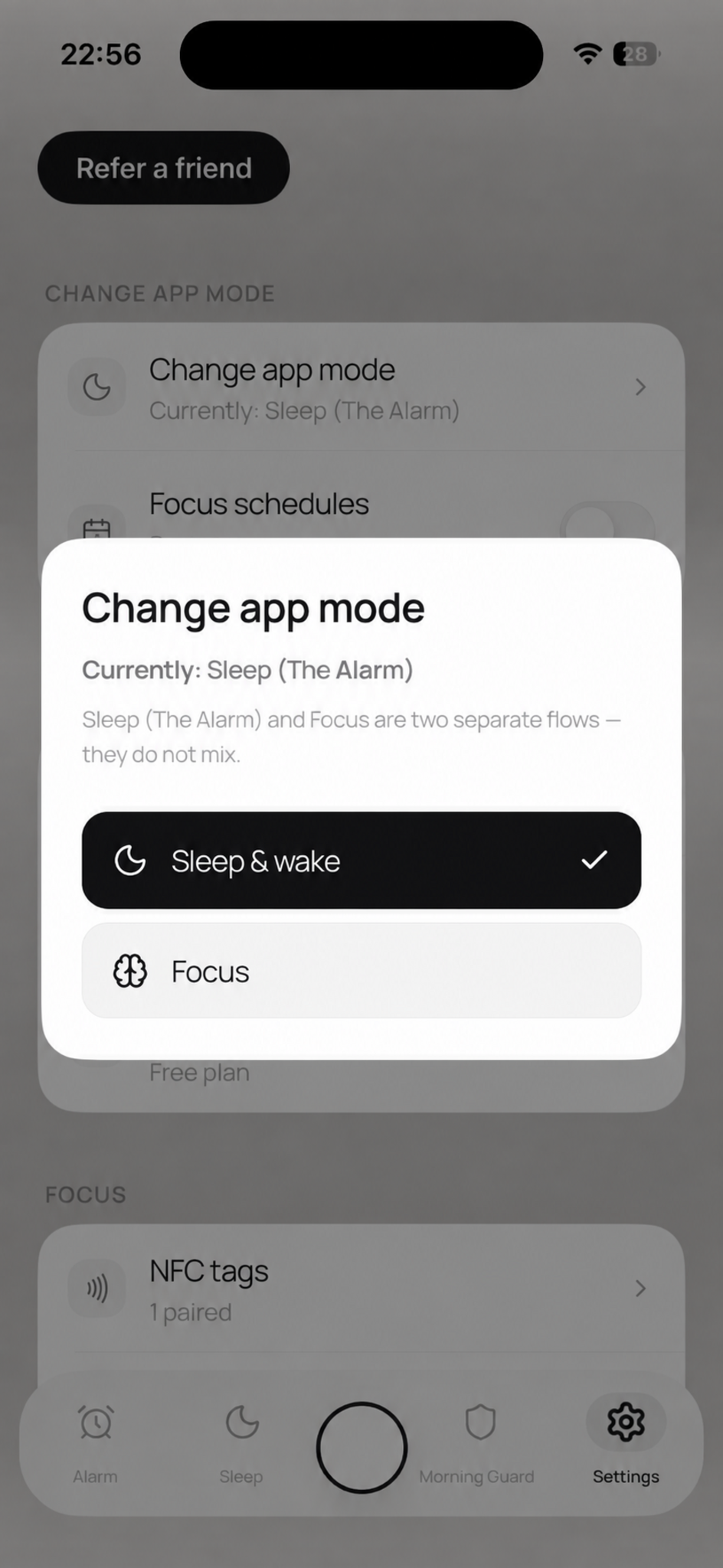 Offly app screen with Wake and Focus mode selection